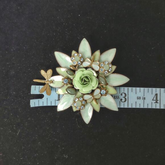 Floral & Dragonfly Brooch Enamel Encrusted Rhinestones Green Blue Flower Bee Pin - Picture 10 of 11